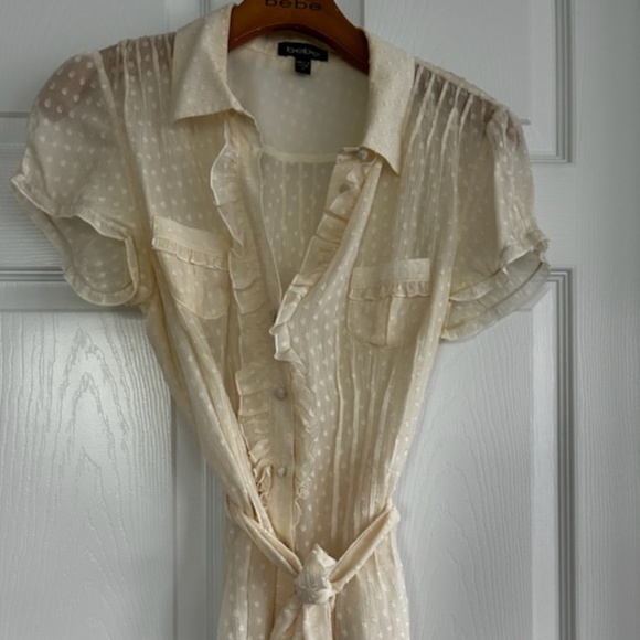 bebe - Sheer Swissdot short sleeve belted blouse (NWOT) - Picture 1 of 3